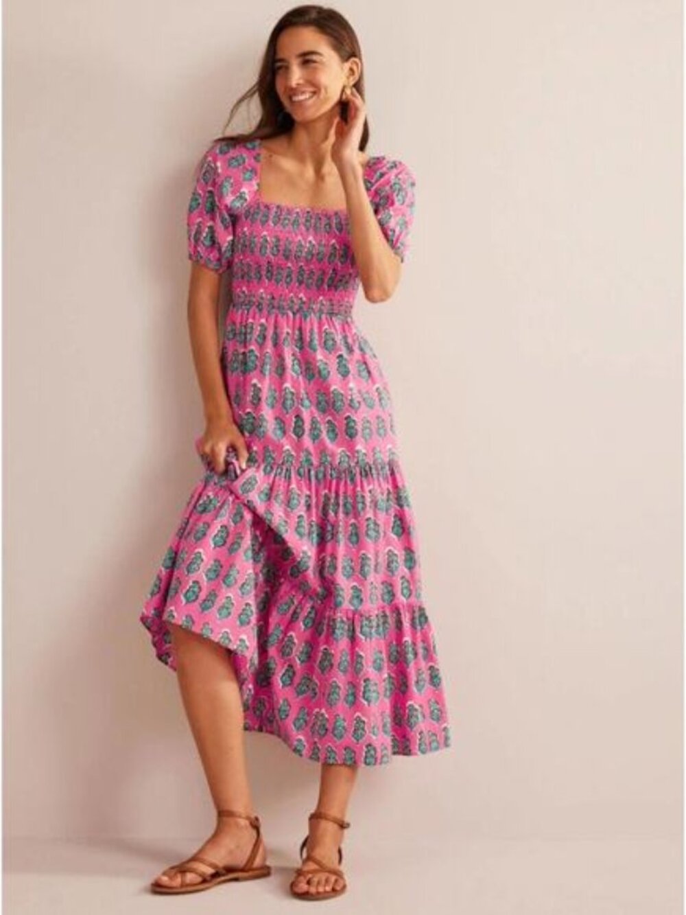 Boden Artisan Bloom Smocked Bodice Tiered Puff sleeve Midi Dress Pink Floral 4P